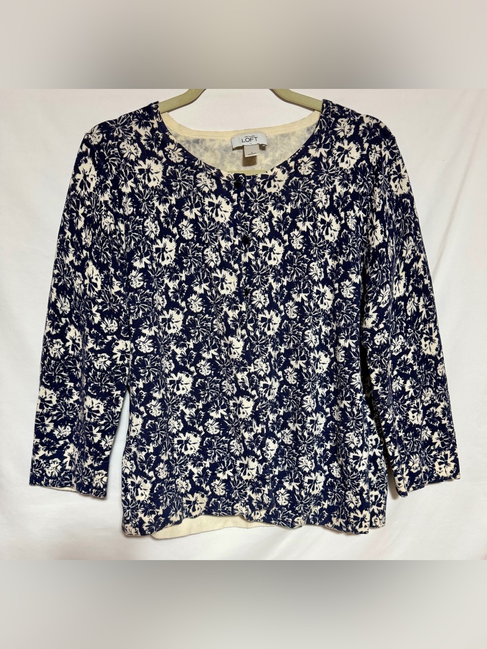 Ann Taylor Loft Blue & White Floral Cotton Lightweight Cardigan, 3/4 Sleeve,Sz L